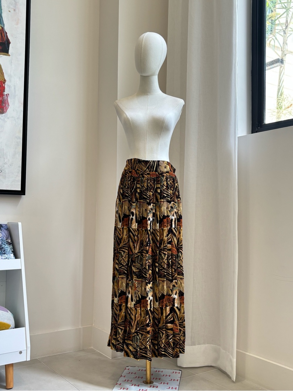 Tropical Leaf Print Maxi Skirt - Brown/Black